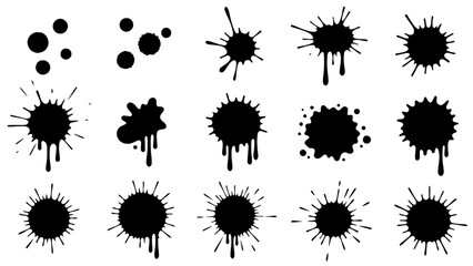 Set of 15 Black Ink Splatter and Paint Drip Vector Elements isolated PNG with Transparent Background