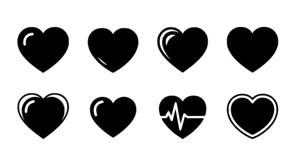 Set of 8 Black Heart Icons Vector isolated PNG with Transparent Background