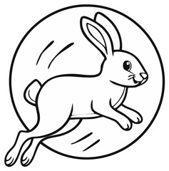 Obraz premium Cartoon rabbit leaping in a circular frame, black and white outline.