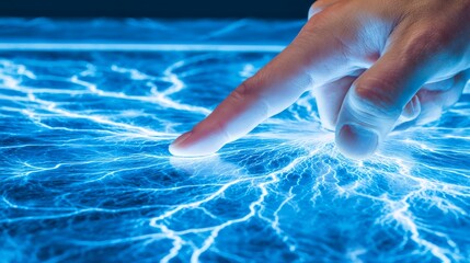 Finger touching electric field with blue lightning energy in a dark space, symbolizing power, connection, technology, innovation, control futuristic interaction between human touch dynamic electricity