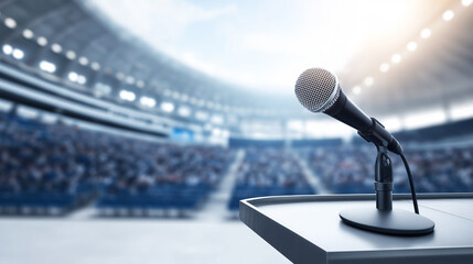 Microphone standing on a podium, ready for a speaker addressing a large, blurred audience in a brightly lit arena or stadium