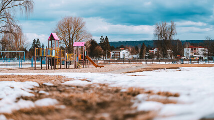 Empty playground with structures and swings, patches of melting winter snow uncovering dry ground under a cloudy sky