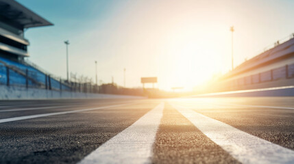 Obraz premium Empty race track glowing with golden hour sunlight, highlighting the asphalt and white lines, ready for competition and future success