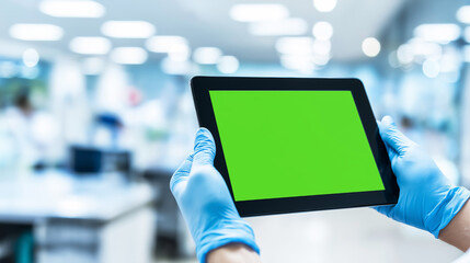 Gloved hands holding tablet with green screen in a modern medical laboratory, representing digital healthcare data and research