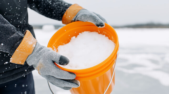 Gloved hands holding an orange bucket filled with snow salt, spreading de icer for winter safety and ice control