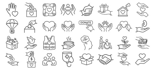 Fototapeta na wymiar Charity donation icon set. Volunteer support symbols with heart, hands, money, blood, food, shelter and firstaid. Outline vector icons on transparent background