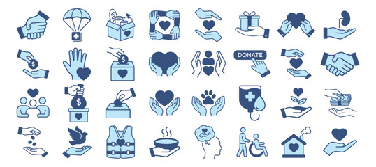 Obraz premium Charity and donation icon set. Volunteer help, fundraising, nonprofit, heart, hands, sharing and humanitarian support. Outline vector collection on transparent background