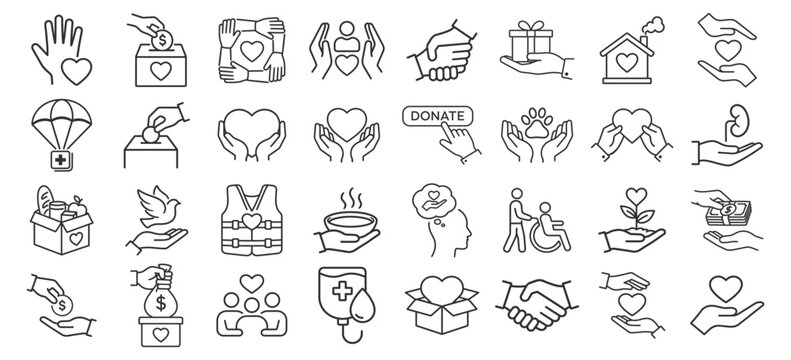 Charity donation icon set. Volunteer support symbols with heart, hands, money, blood, food, shelter and firstaid. Outline vector icons on transparent background