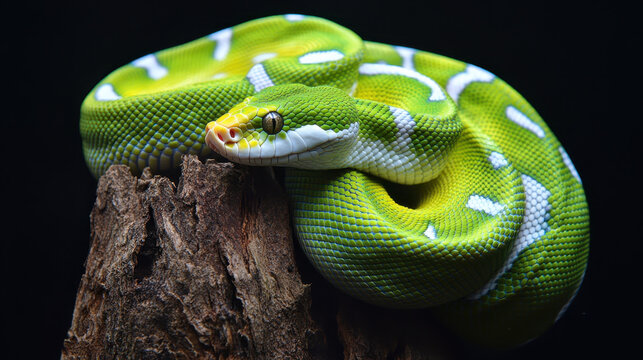 Green tree python curled on wood branch, vibrant emerald scales and calm gaze evoke tropical rainforest mood