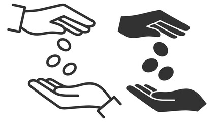 Obraz premium Donation and charity icon set. Hands giving money coins symbol, fundraising, payment and support. Flat silhouette vector collection on transparent background