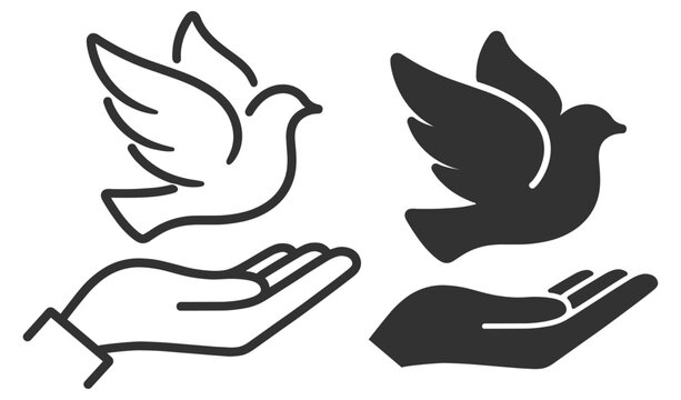 Peace dove icon set. Flying bird and hand symbols, freedom, hope, solidarity and kindness. Editable outline vector icons on transparent background