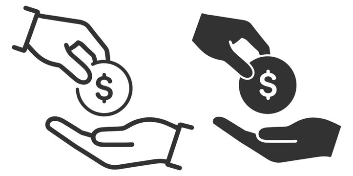 Charity donation icon set. Hand giving money coin symbol, support, payment and fundraising. Flat silhouette vector collection on transparent background