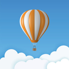 Fototapeta premium Vector Travel Banner with 3d Realistic White and Orange Hot Air Balloon Icon on a Blue Sky Background. Design Template, Summer Vacation, Travelling, Tourism and Journey Concept