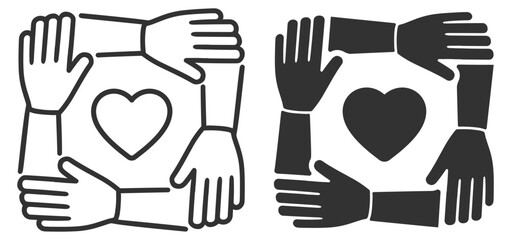 Obraz premium Community support icon set. Hands around heart symbol, teamwork, cooperation, unity and solidarity. Flat silhouette vector collection on transparent background