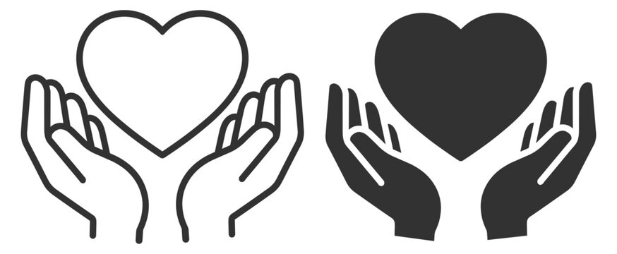 Charity heart icon set. Heart in hands symbol, donation, volunteer help, support, kindness and solidarity. Editable outline vector icons on transparent background