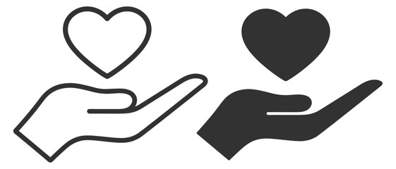 Charity heart icon set. Hand holding heart symbol, love, support, compassion and kindness. Flat silhouette vector collection on transparent background