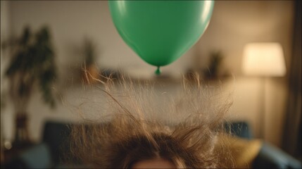 Static electricity experiment with balloon and hair indoors, close up of head with hair standing upward as green balloon floats above, illustrating physics, science learning  playful education at home