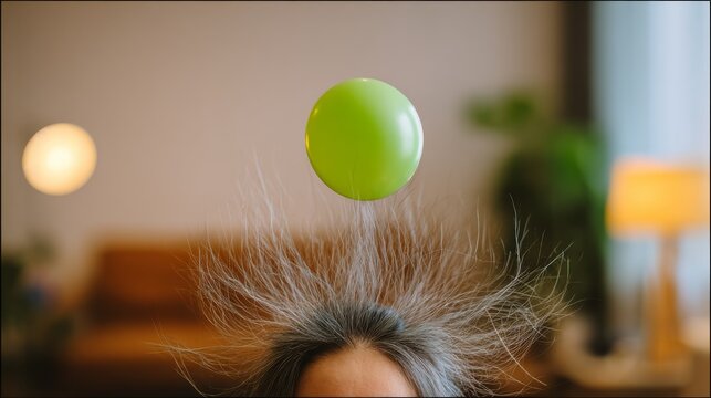 Static electricity experiment with balloon and hair indoors, close up of head with hair standing upward as green balloon floats above, illustrating physics, science learning  playful education at home