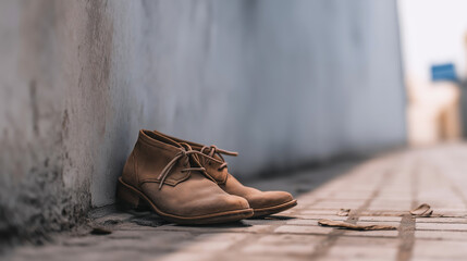 Brown leather chukka boots resting against a textured wall on a street, symbolizing abandonment, travel, and introspection