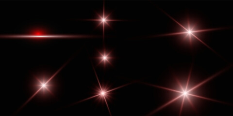 Red light effect reflections, neon illumination in red colors. Bright light lens. Police light effects, lines. Shiny stars, glowing sparks on a black background.
