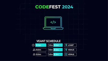 Codefest 2024 event promotion featuring a glowing laptop icon and schedule details for attendees high quality professional