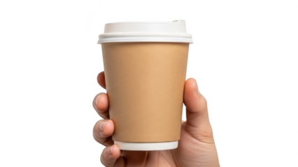 Hand holding disposable coffee cup isolated on transparent background