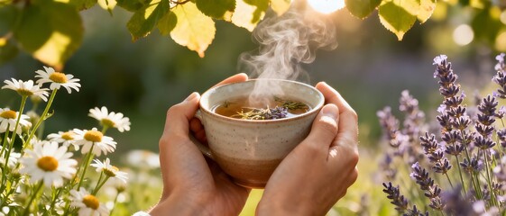 Hands Holding Steaming Herbal Tea in Garden, Natural Wellness and Relaxation Concept.
