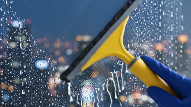 Window cleaning at night with city skyline background. Professional cleaner uses squeegee to remove water and dirt. Bright urban lights create vibrant atmosphere.