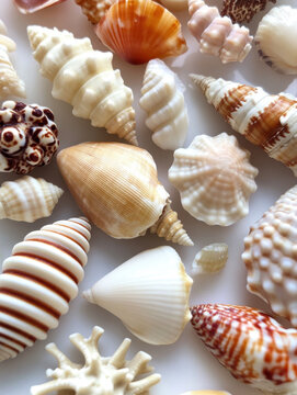 Seashell collection arranged on white background, natural spiral cone shells, ribbed clam shell, varied beige brown pattern and texture evoking calm coastal mood