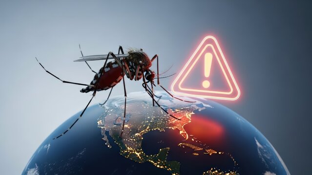 Realistic Mosquito Threat Over Earth with Glowing Warning Sign Concept