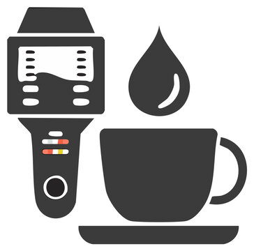 Coffee Brewing Analysis Icon Set with Digital Refractometer, Droplet, and Cup