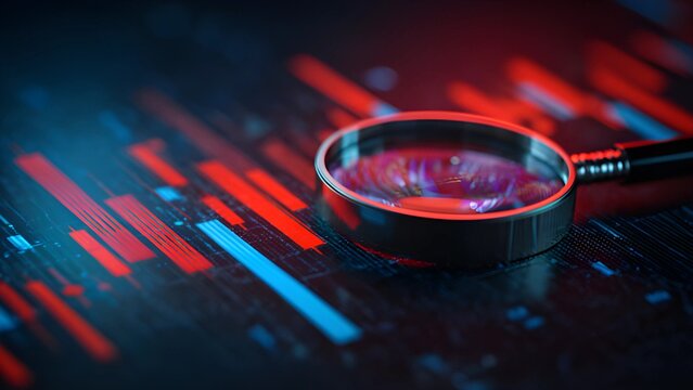 Stock market forensic financial trends. Magnifying glass digital data analysis financial market research. Magnifying glass money reports analysis trend. Market analysis stock market trading chart. 