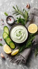 Healthy green cucumber yogurt dip with fresh herbs and lemon on a gray stone background