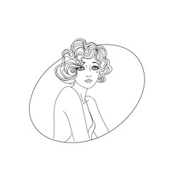 Black and white Art Deco vector illustration of a flapper girl in 1920s style. Clean outline drawing designed as a coloring page, perfect for creative projects, prints, and vintage-themed designs.