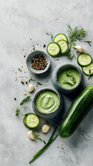 Refreshing cold cucumber soup or dressing served in bowls with fresh ingredients on marble