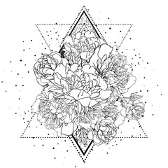 Vector illustration of a peony flower combined with sacred geometry elements. Black and white outline design in tattoo and coloring book style, perfect for prints, spiritual art, and mindful coloring.