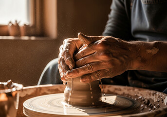 Artisan Hands Working with Clay in Sunlit Pottery Studio