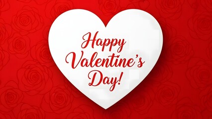 Happy Valentine&rsquo;s Day White Heart on Red Background with Elegant Typography for Romantic Greeting Card and Love Celebration Design