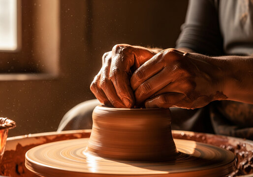 artisan Hands Working with Clay in Sunlit Pottery Studio - Powered by Adobe