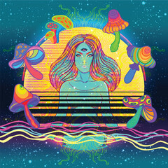 Vector illustration of a woman with mushrooms in a New Age psychedelic style. Concept of psilocybin, consciousness expansion, yoga, spirituality, and hippie culture with symbolic, colorful details.