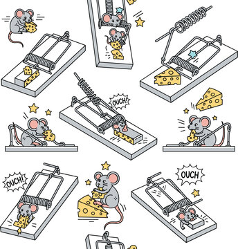Funny Cartoon Mice and Mousetrap Illustration Set with Cheese and Speech Bubbles