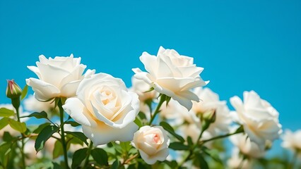 Obraz premium Blooming white roses against a clear blue sky, embodying delicate springtime beauty.