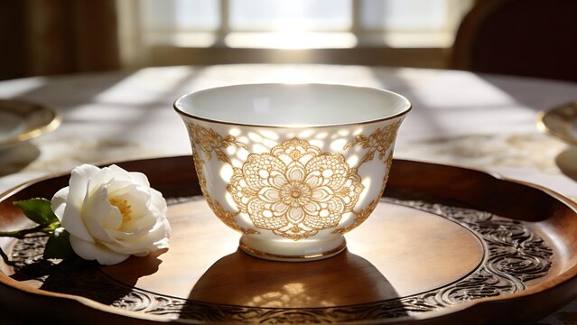 regularizing. Elegant white porcelain teacup with gold filigree patterns, soft window light highlighting delicate details. bar promotions.