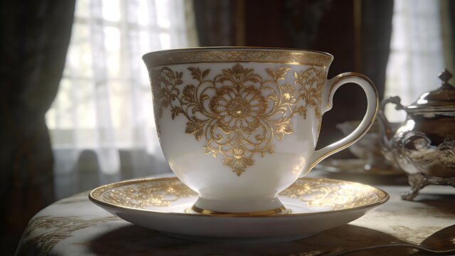 regularizing. Elegant white porcelain teacup with gold filigree patterns, soft window light highlighting delicate details. bar promotions.