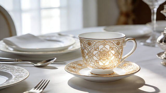 regularizing. Elegant white porcelain teacup with gold filigree patterns, soft window light highlighting delicate details. bar promotions.