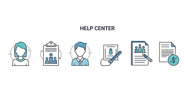 Help center and customer support service icon collection with user assistance documentation and billing symbols