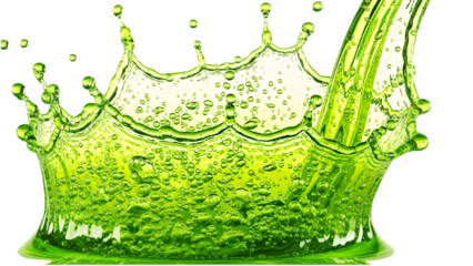 Vibrant green liquid splash with carbonated bubbles and droplets on a transparent background for refreshing lime, kiwi, or apple beverage concepts