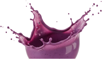 Purple berry smoothie splash with dynamic motion and droplets on a transparent background for food and drink advertising and graphic design