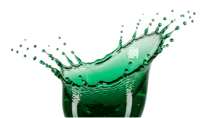 Green liquid splash with dynamic crown shape and droplets on transparent background for beverage and drink packaging design