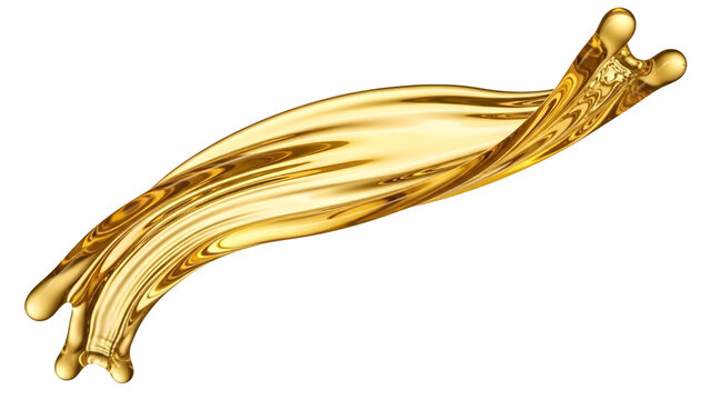 Golden oil splash or honey wave with glossy reflections and dynamic movement on a transparent background for cosmetic or food advertising